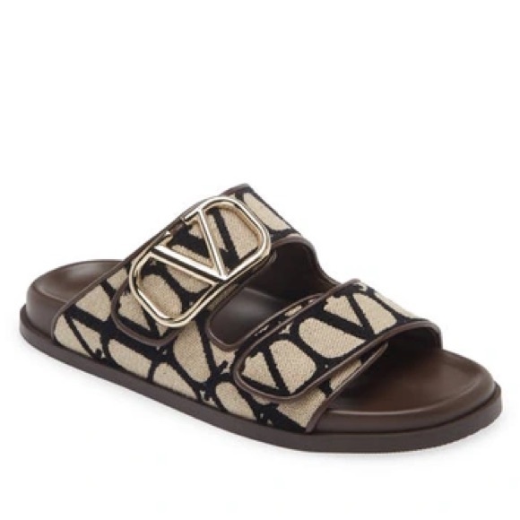 Valentino Shoes - Valentino Garavani Toile Iconograph Double Strap V-Logo Slide Sandals Mule